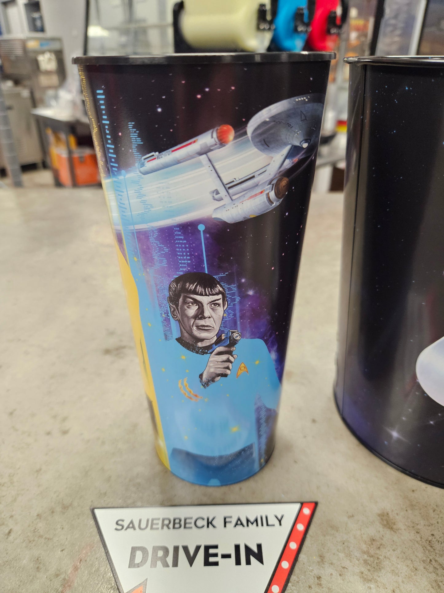 Star Trek 60th Anniversary 130oz Metal Popcorn Bucket AND 2 Plastic Cups IN HAND 2026 Set of 3