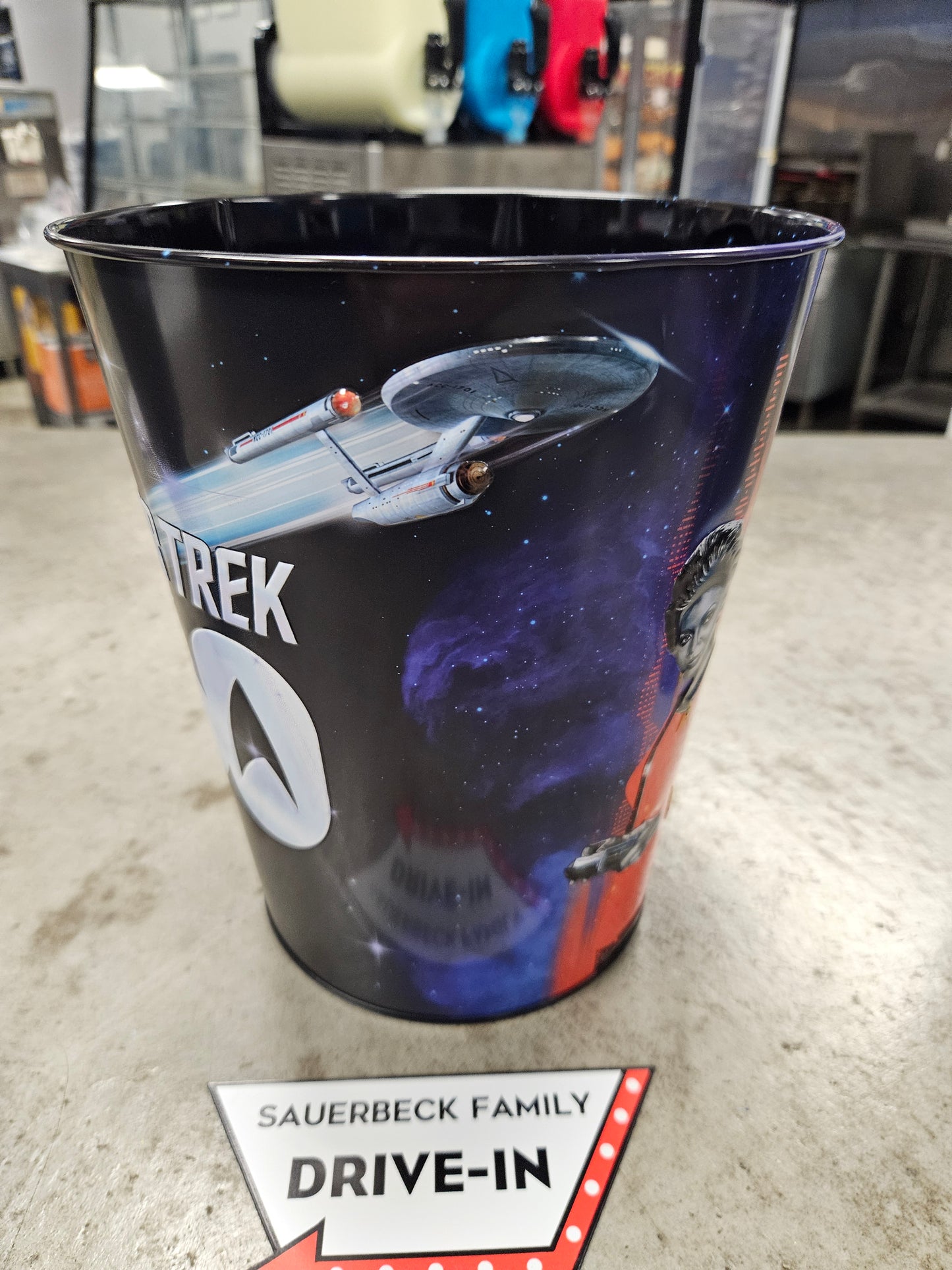 Star Trek 60th Anniversary 130oz Metal Popcorn Bucket AND 2 Plastic Cups IN HAND 2026 Set of 3