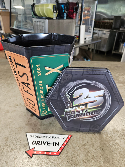 Fast and Furious 25th Anniv Hexagon Tin with Lid Popcorn Tin Bucket