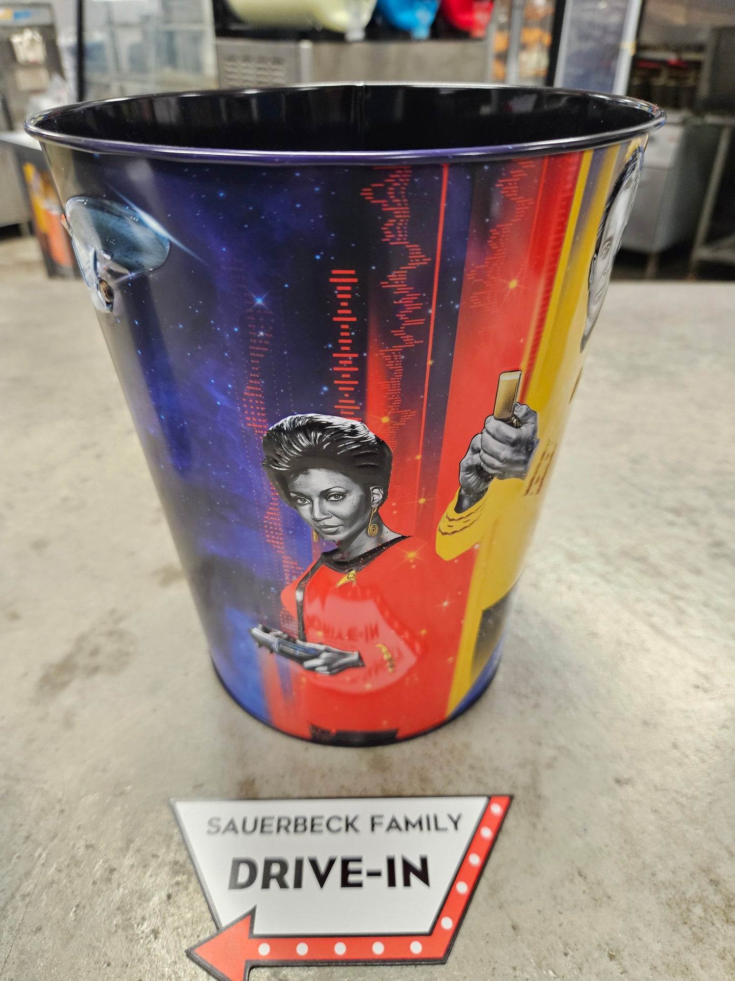 Star Trek 60th Anniversary 130oz Metal Popcorn Bucket AND 2 Plastic Cups IN HAND 2026 Set of 3