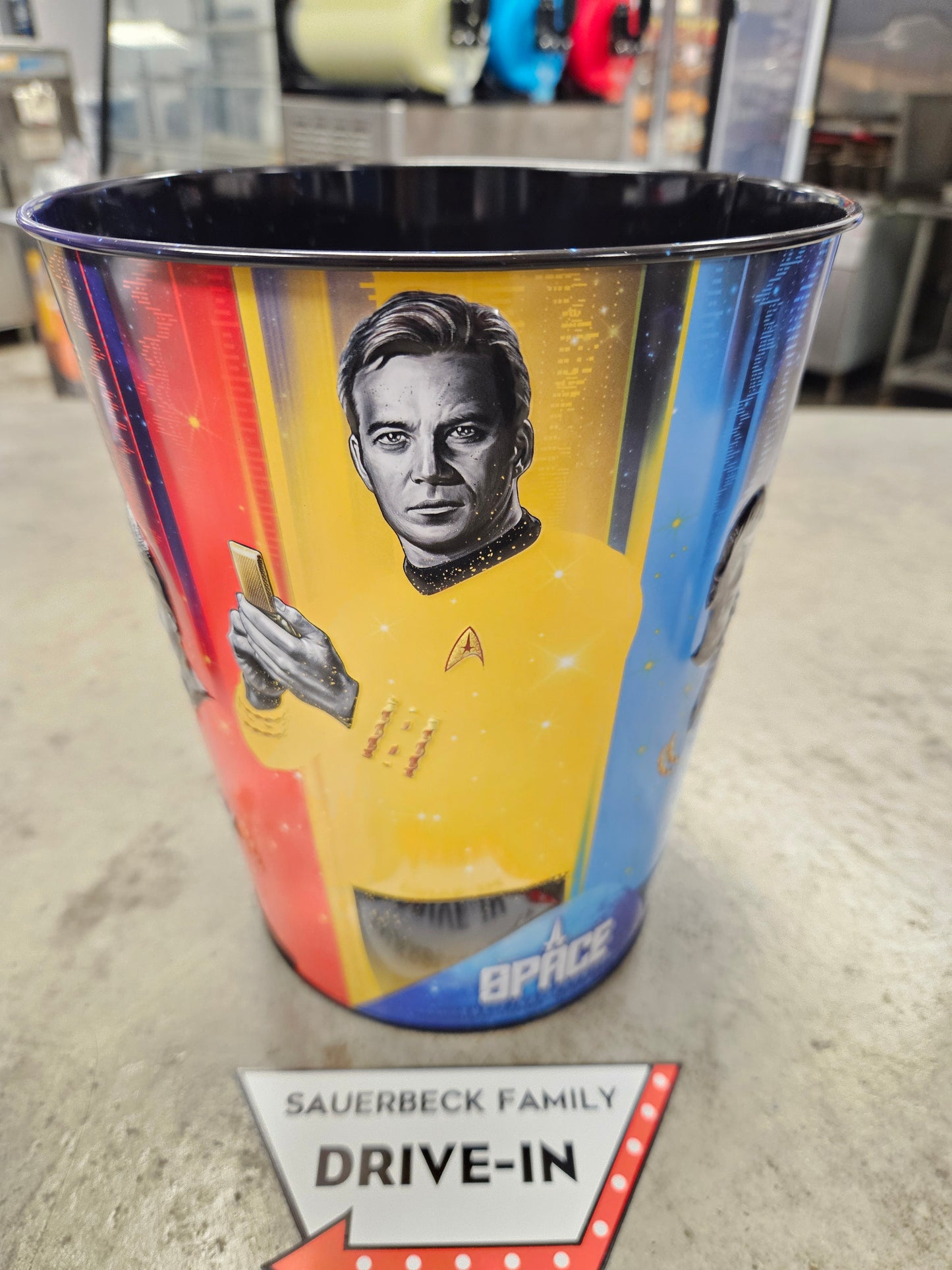 Star Trek 60th Anniversary 130oz Metal Popcorn Bucket AND 2 Plastic Cups IN HAND 2026 Set of 3
