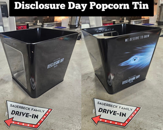 NEW! Disclosure Day Metal Popcorn Bucket Tin w/ Window -IN HAND 2026 - Spielberg
