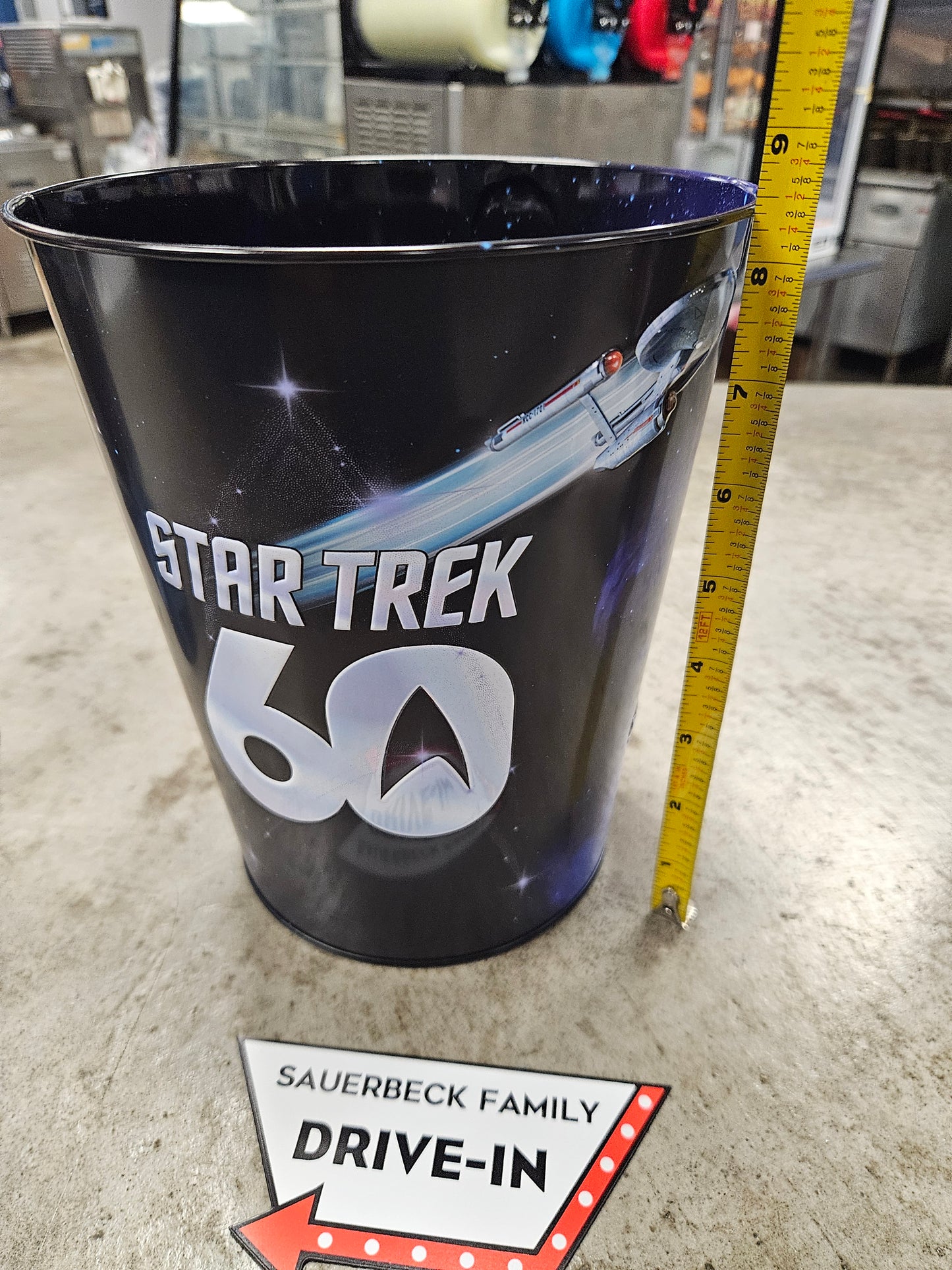 Star Trek 60th Anniversary 130oz Metal Popcorn Bucket AND 2 Plastic Cups IN HAND 2026 Set of 3