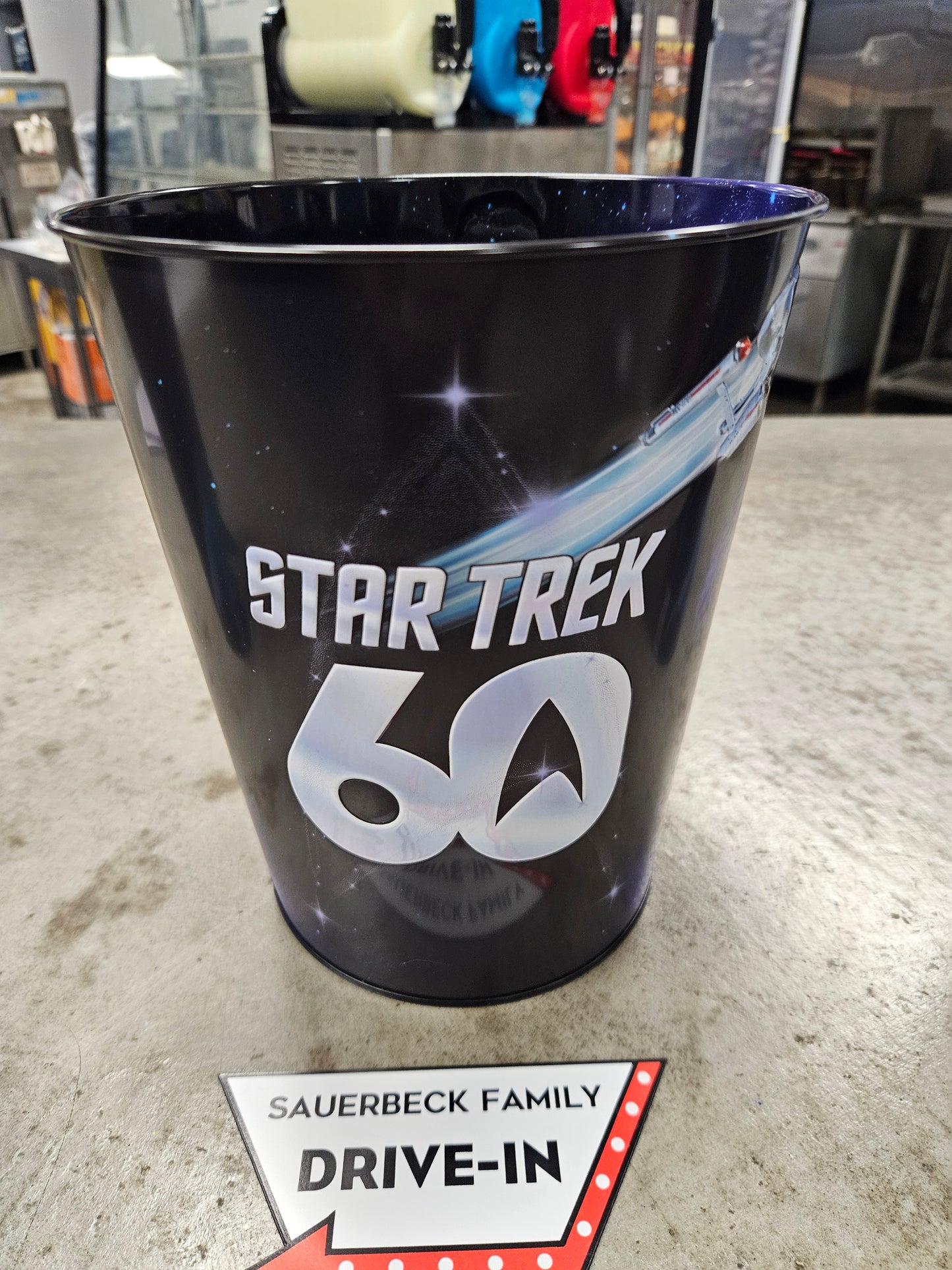 Star Trek 60th Anniversary 130oz Metal Popcorn Bucket AND 2 Plastic Cups IN HAND 2026 Set of 3