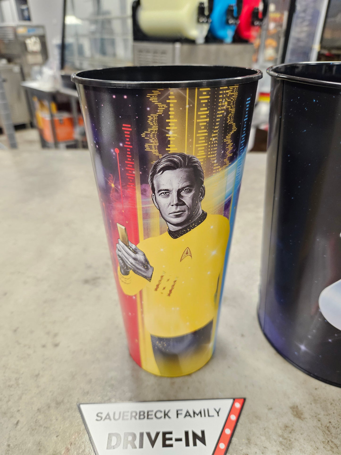 Star Trek 60th Anniversary 130oz Metal Popcorn Bucket AND 2 Plastic Cups IN HAND 2026 Set of 3
