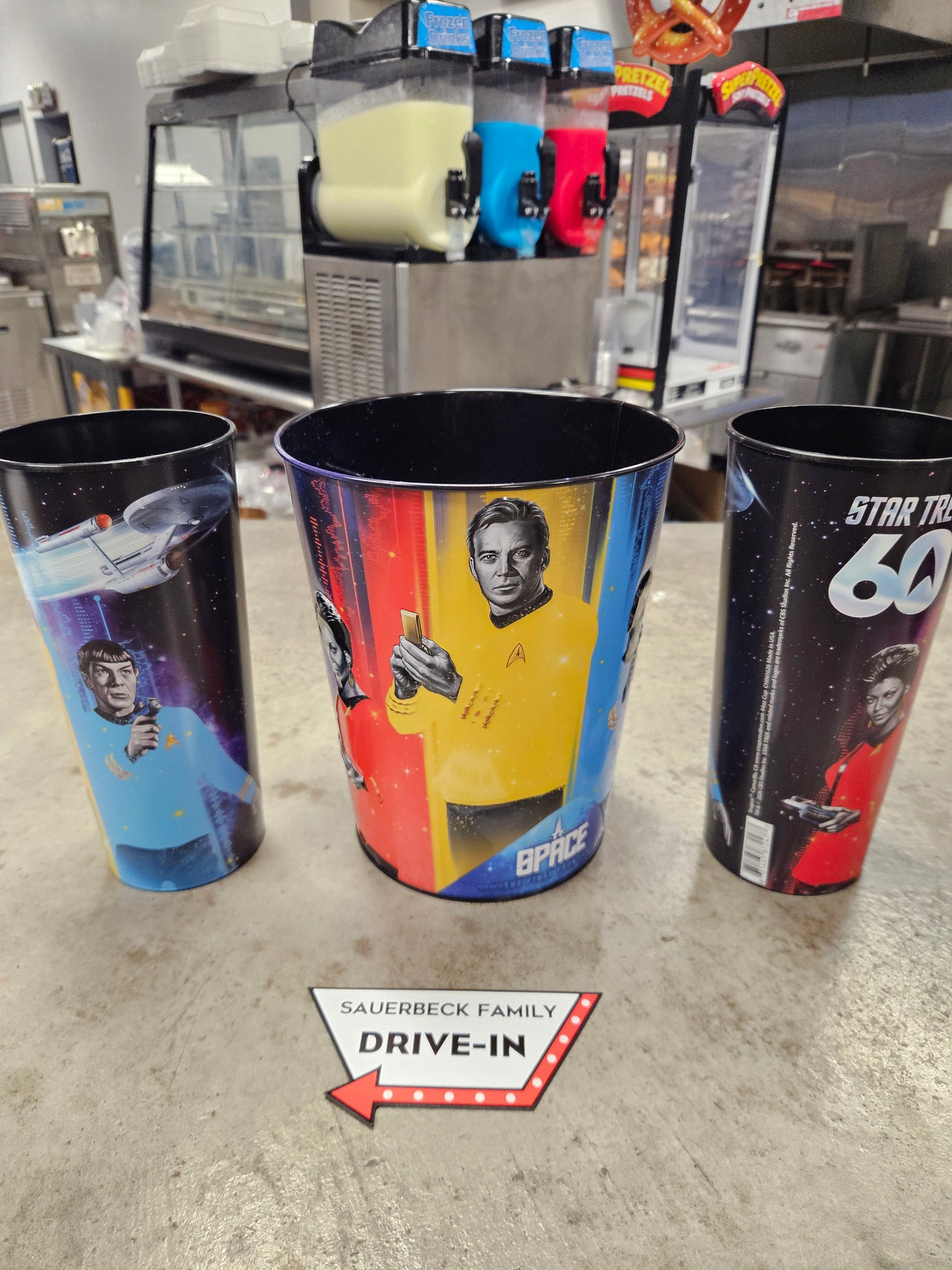 Star Trek 60th Anniversary 130oz Metal Popcorn Bucket AND 2 Plastic Cups IN HAND 2026 Set of 3
