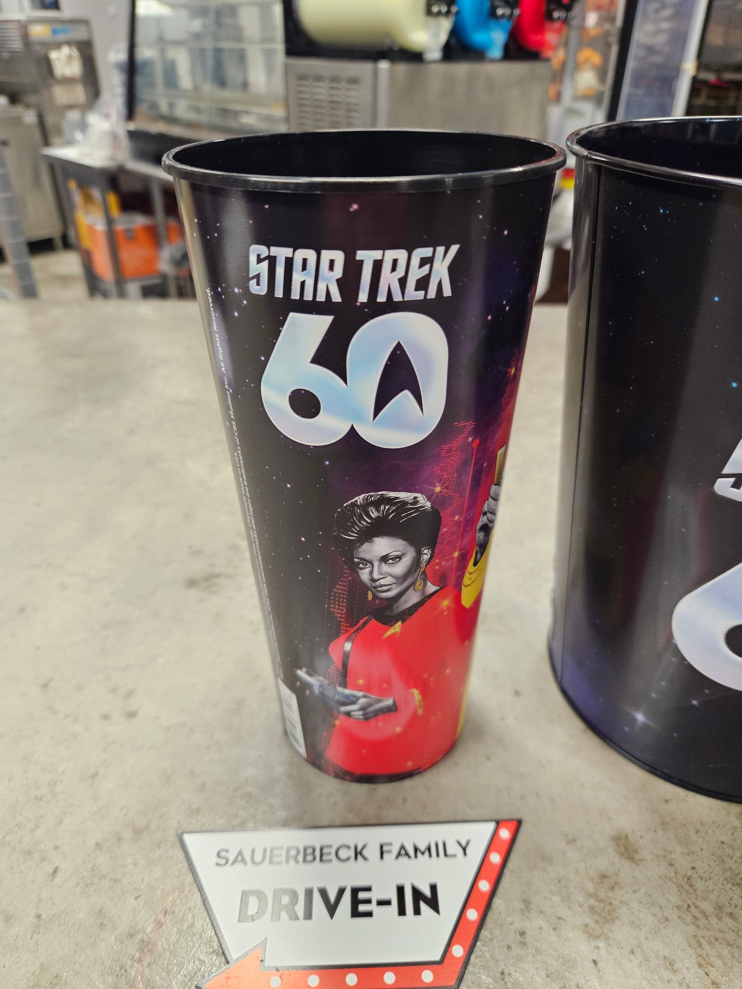 Star Trek 60th Anniversary 130oz Metal Popcorn Bucket AND 2 Plastic Cups IN HAND 2026 Set of 3