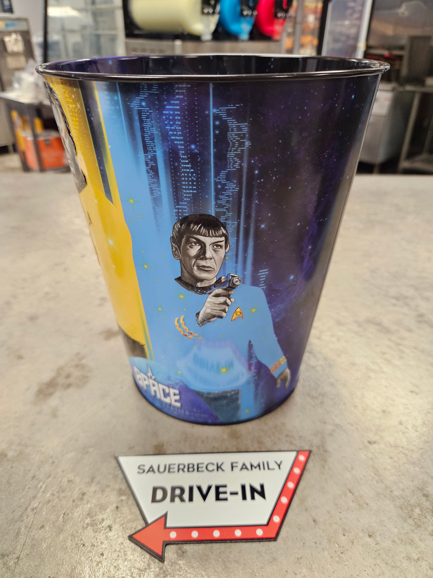 Star Trek 60th Anniversary 130oz Metal Popcorn Bucket AND 2 Plastic Cups IN HAND 2026 Set of 3